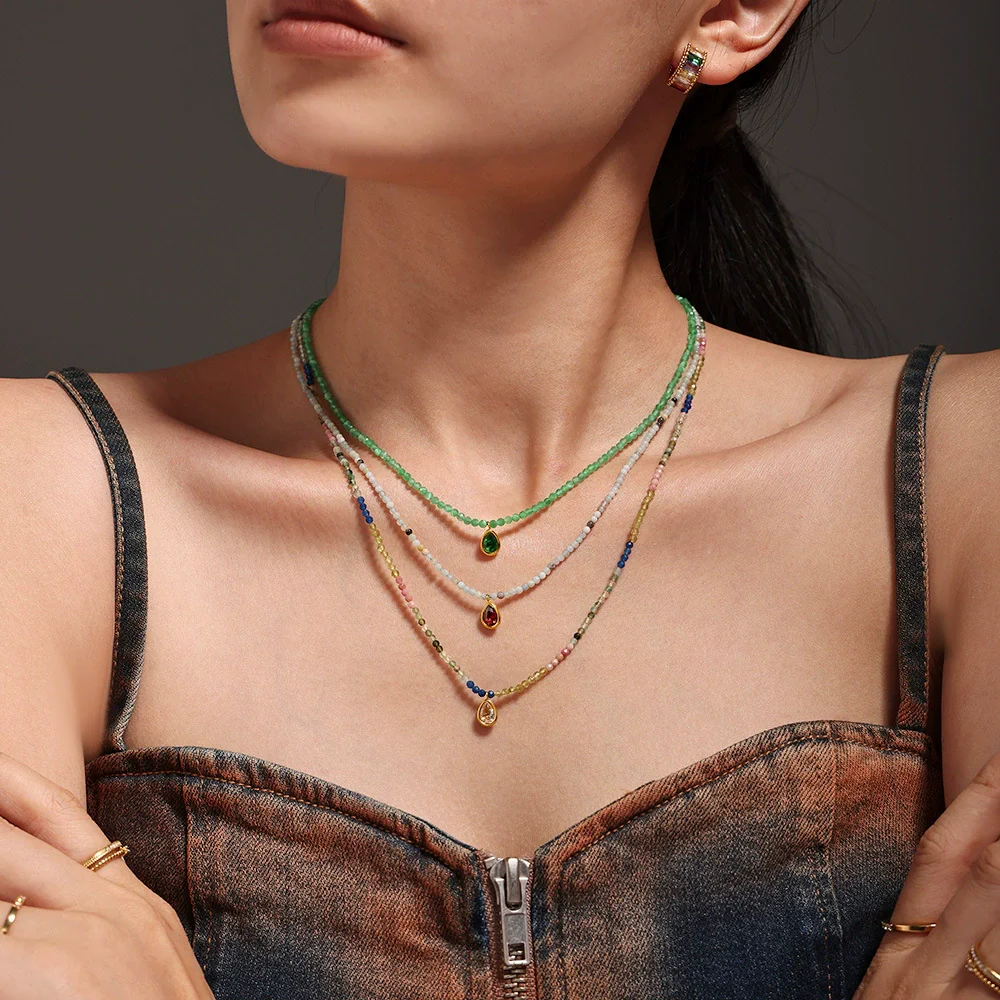 Wholesale Women's Light Luxury Geometric Drop Shape Cat's Eye Stone And Stainless Steel Electroplated Collarbone Necklace