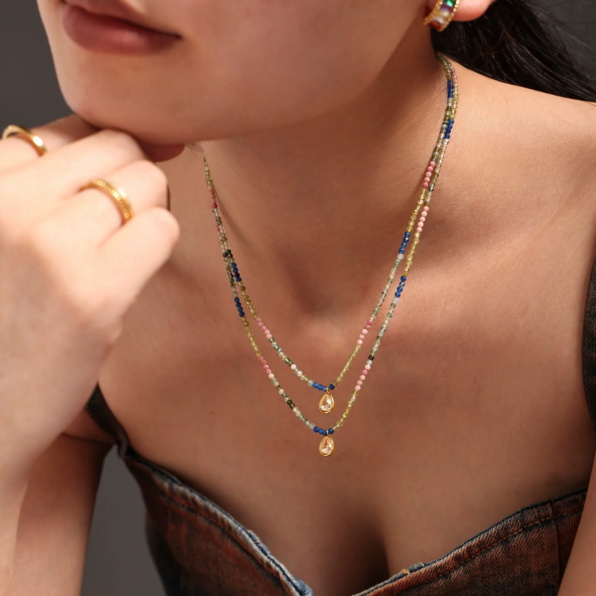 Wholesale Women's Light Luxury Geometric Drop Shape Cat's Eye Stone And Stainless Steel Electroplated Collarbone Necklace - Image 3
