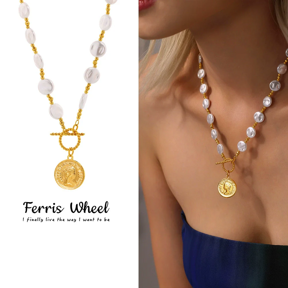 Wholesale Women's Light Luxury Geometric Ferris Wheel And Elizabeth Portrait Coin Pendant Necklace With Shell Beads And Titanium Steel Electroplated