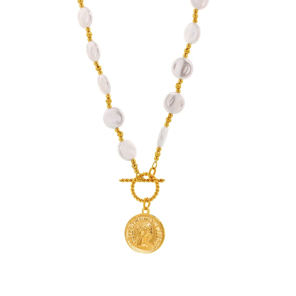 Wholesale Women's Light Luxury Geometric Ferris Wheel And Elizabeth Portrait Coin Pendant Necklace With Shell Beads And Titanium Steel Electroplated - Image 5