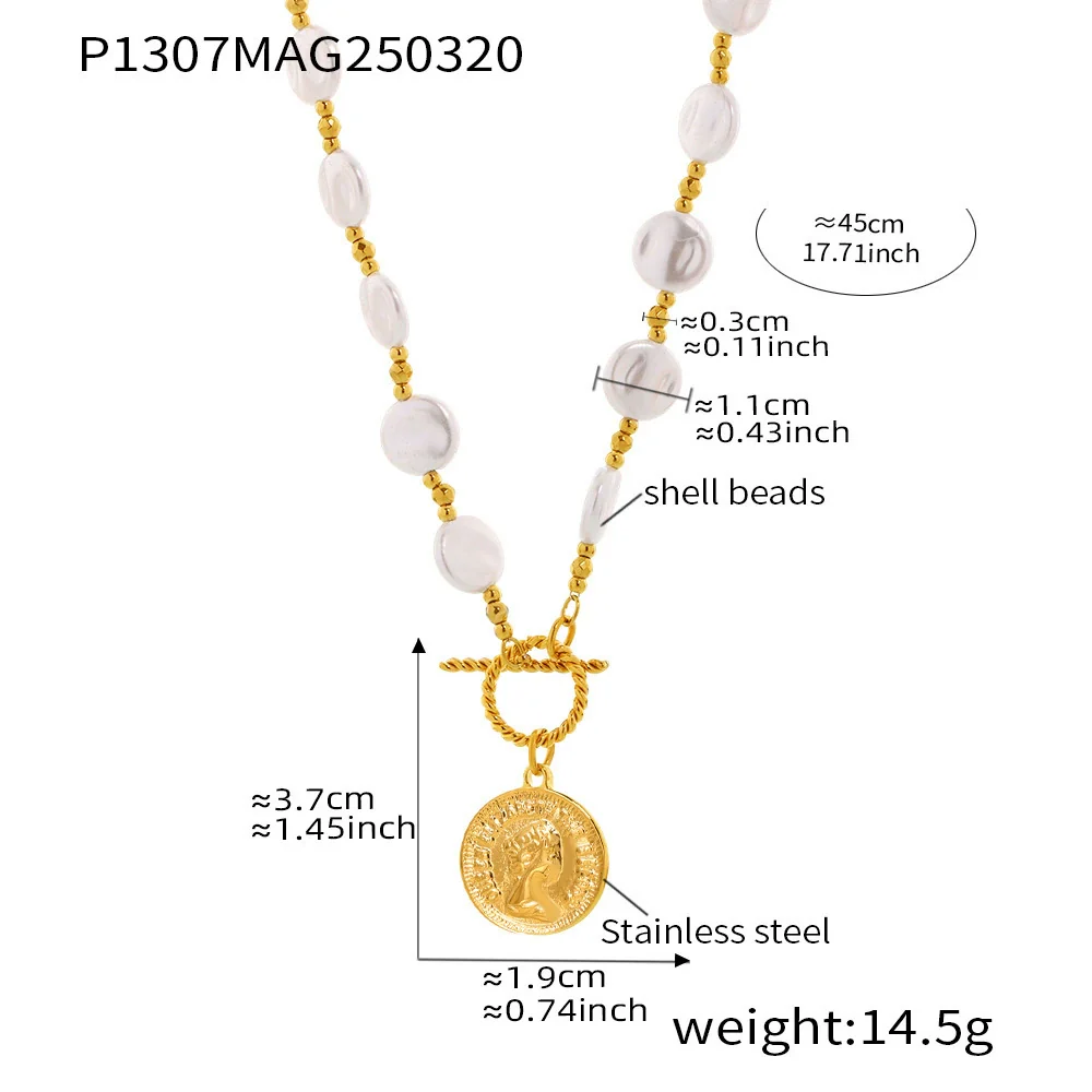 Wholesale Women's Light Luxury Geometric Ferris Wheel And Elizabeth Portrait Coin Pendant Necklace With Shell Beads And Titanium Steel Electroplated - Image 6