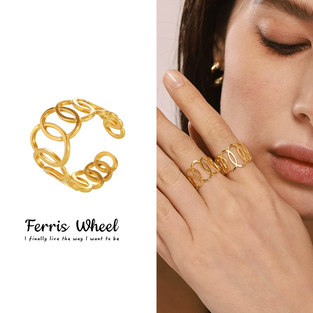 Wholesale Women's Light Luxury Geometric Ferris Wheel Interlocking Hollow Stainless Steel Goldplated Finger Ring