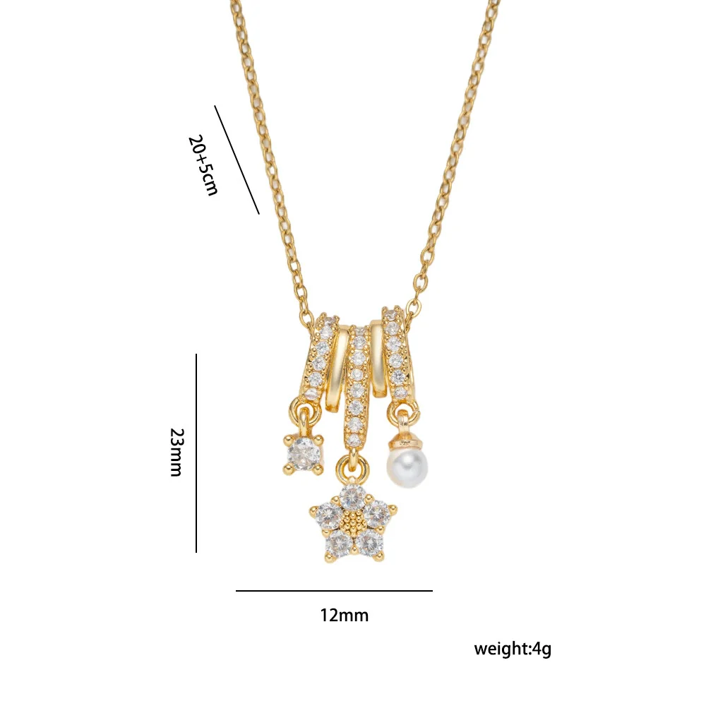 Wholesale Women's Light Luxury Geometric Fivepetal Flower Zircon Pearl Pendant Necklace With O Word Chain Titanium Steel Vacuum Furnace Electroplated 18K Gold Plated Copper - Image 4