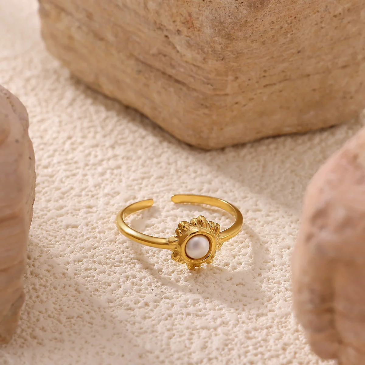 Wholesale Women's Light Luxury Geometric Heart Shape Inlaid With Gold Pearl Titanium Steel Open Ring - Image 3