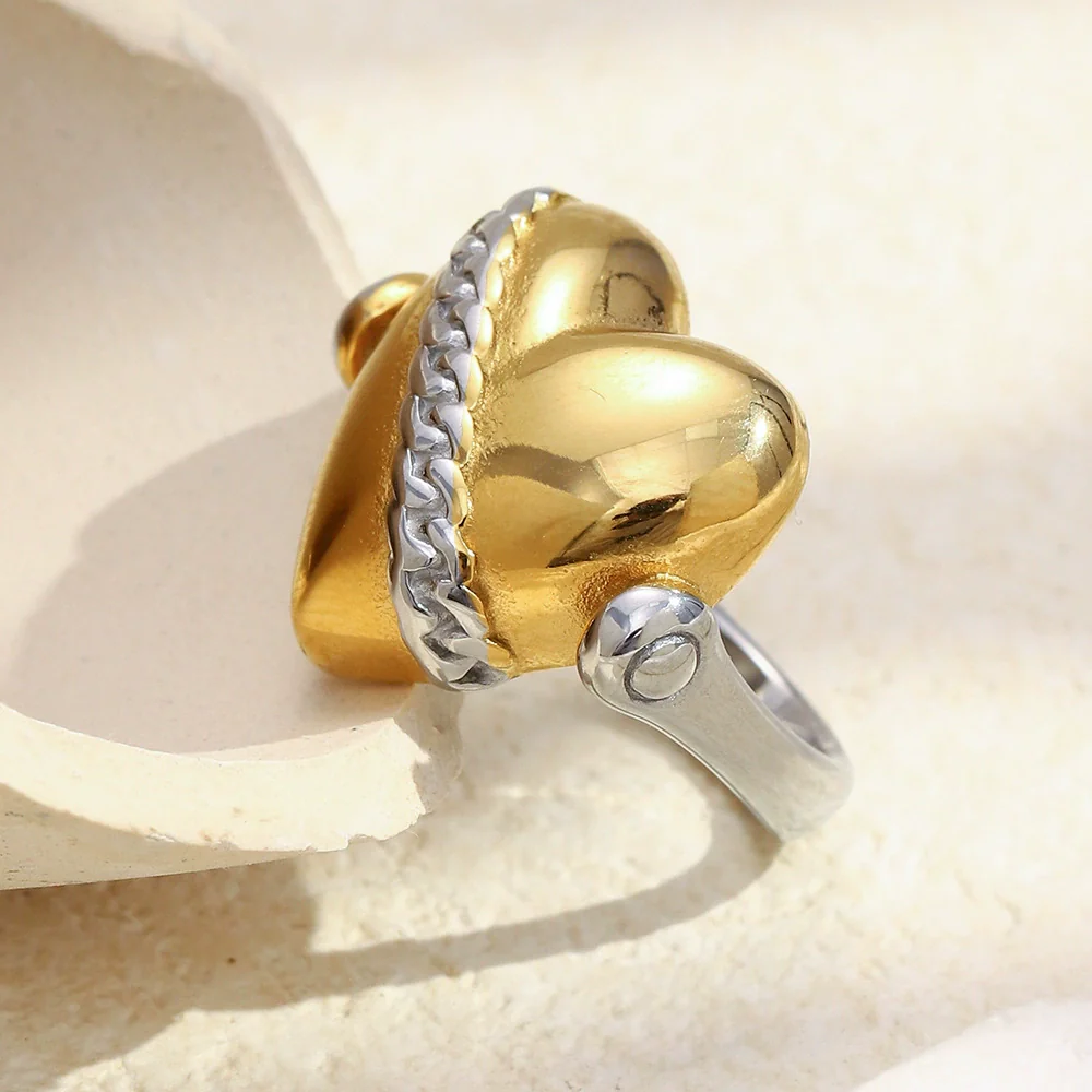 Wholesale Women's Light Luxury Geometric Heart Stereo Stainless Steel 18K Gold Plated Ring Hand Jewelry - Image 3