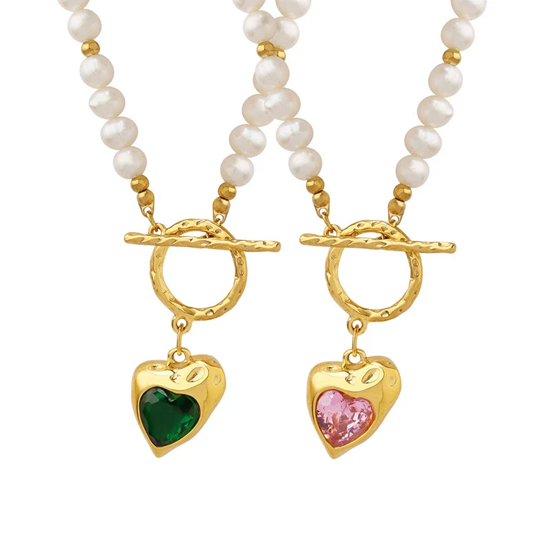 Wholesale Women's Light Luxury Geometric Heart Zircon Pendant Necklace With Natural Freshwater Pearl Chain And Titanium Steel Electroplating - Image 4
