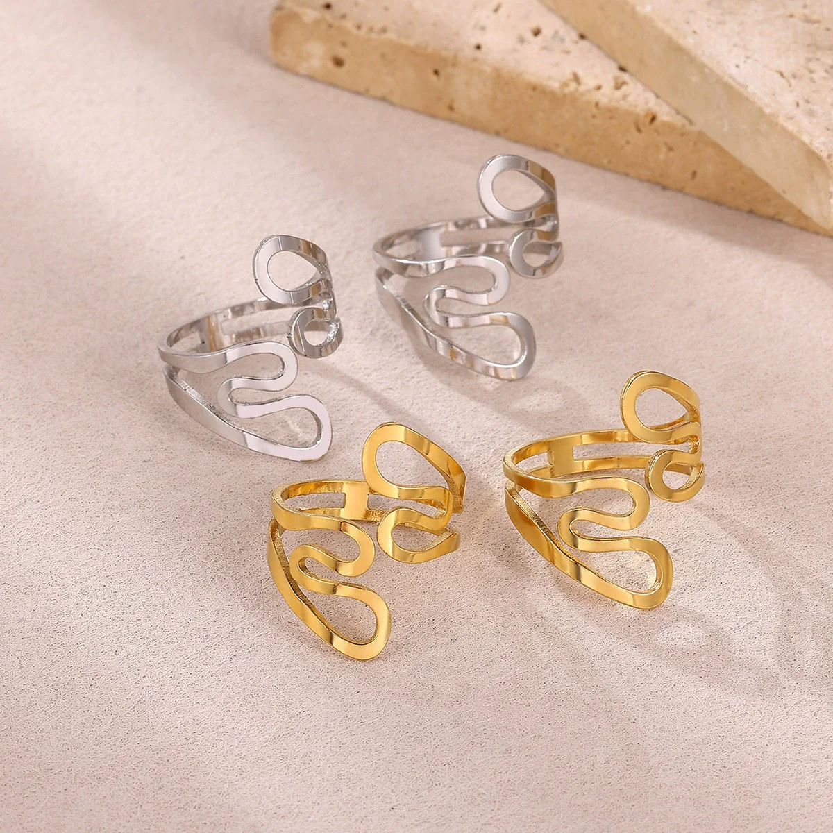 Wholesale Women's Light Luxury Geometric Lines Inlaid With Gold Stainless Steel Open Ring Hand Jewelry