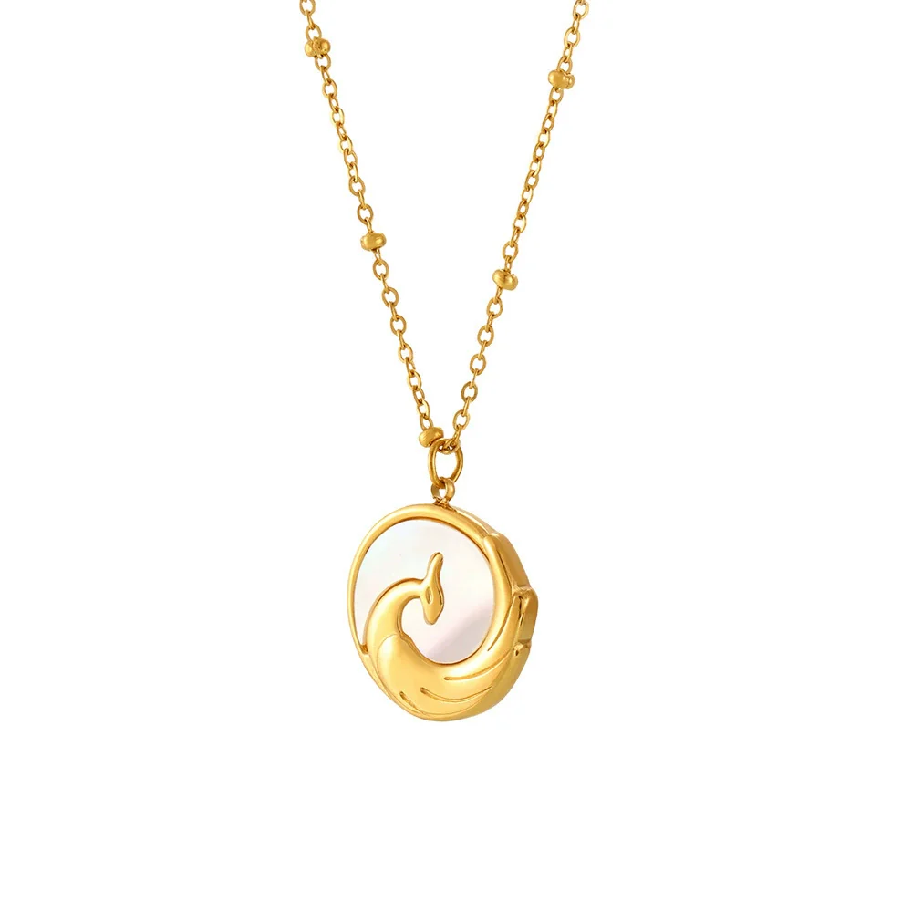 Wholesale Women's Light Luxury Geometric Pattern Ferris Wheel Embossed Phoenix Stainless Steel Goldplated White Sea Shell Round Pendant Clavicle Necklace - Image 5