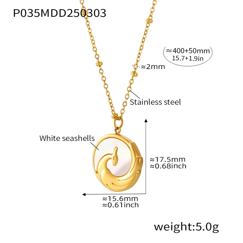 Wholesale Women's Light Luxury Geometric Pattern Ferris Wheel Embossed Phoenix Stainless Steel Goldplated White Sea Shell Round Pendant Clavicle Necklace - Image 6