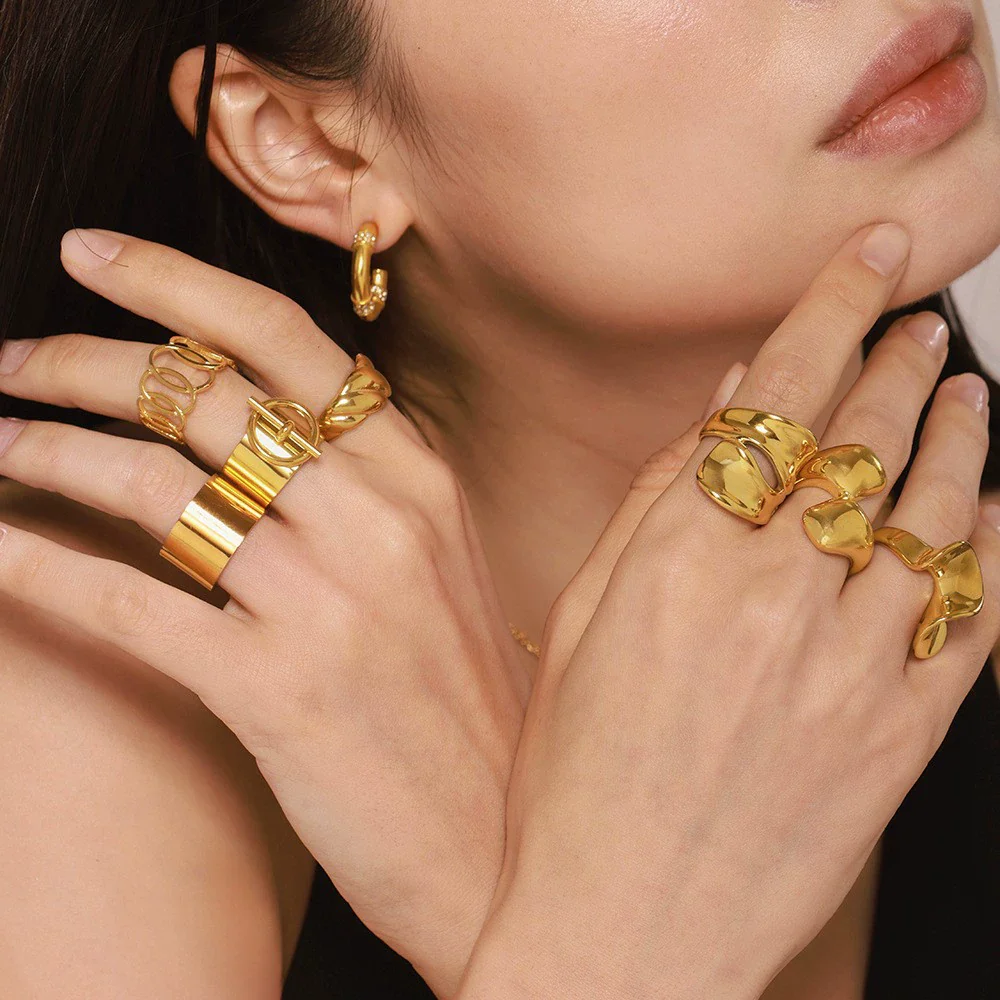 Wholesale Women's Light Luxury Geometric Stainless Steel 18K Gold Plated Ferris Wheel Ring - Image 3