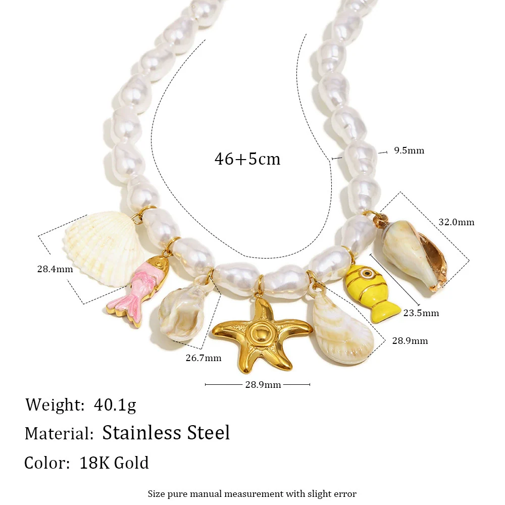 Wholesale Women's Light Luxury Geometric Stainless Steel Electroplated 18K Gold Baroque Imitation Pearl Starfish Shell Necklace - Image 2
