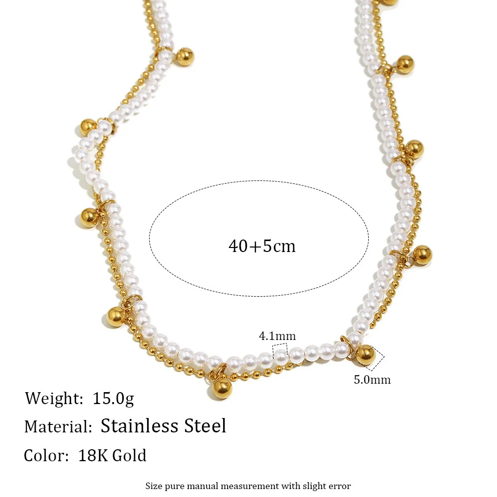 Wholesale Women's Light Luxury Geometric Stainless Steel Electroplated 18K Gold Imitation Pearl Ball Double Chain Necklace - Image 2