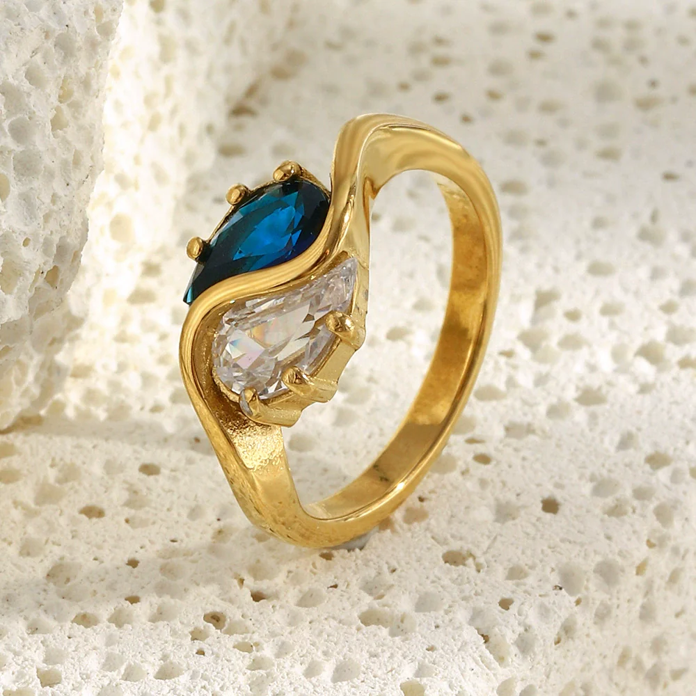 Wholesale Women's Light Luxury Geometric Stainless Steel Electroplated 18K Gold Water Drop Zircon Tai Chi Ring Hand Jewelry - Image 3