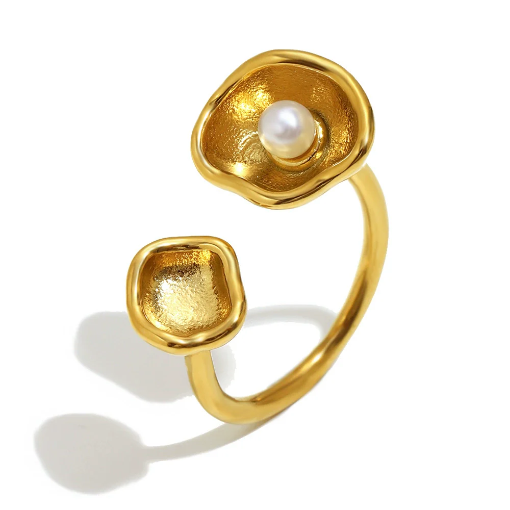 Wholesale Women's Light Luxury Geometric Stainless Steel Electroplated Clam Shell Pearl Open Ring Hand Jewelry - Image 5