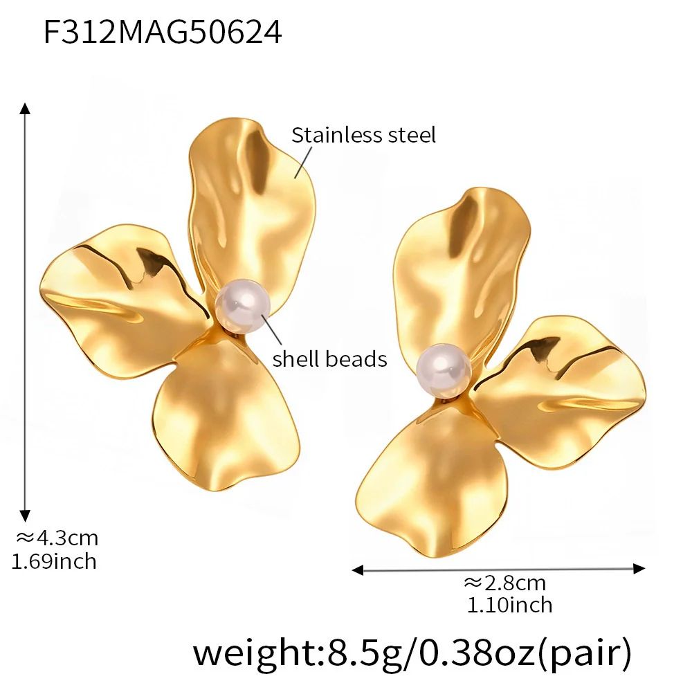 Wholesale Women's Light Luxury Geometric Stainless Steel Electroplated Pleated Petal Flower Earrings - Image 6