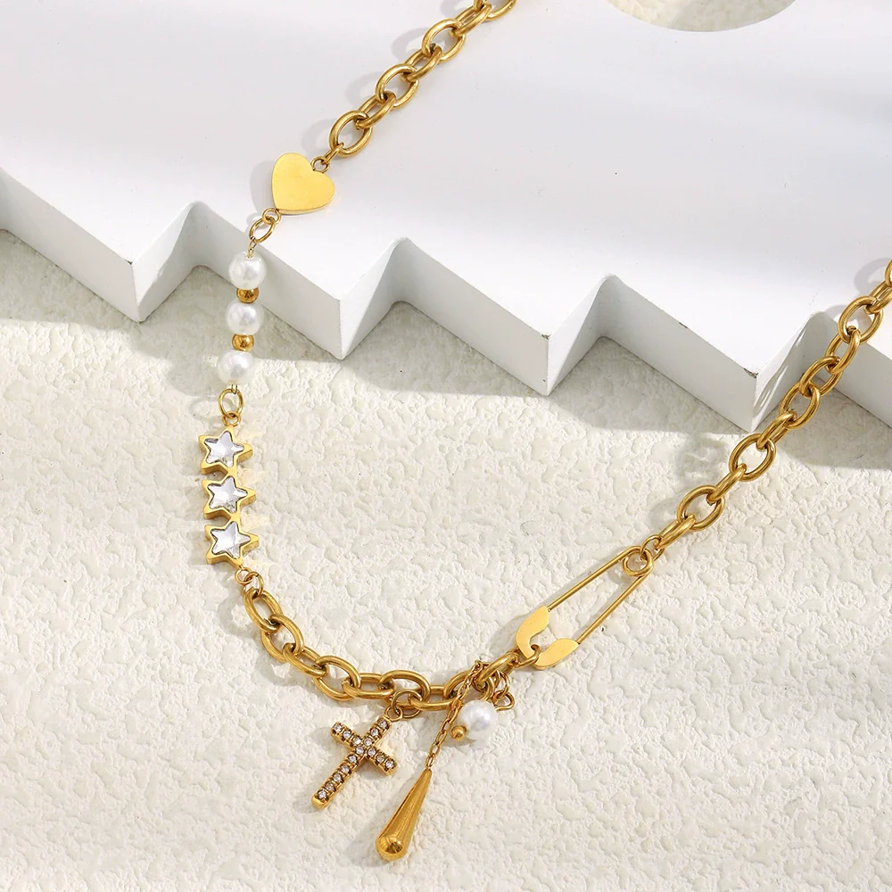 Wholesale Women's Light Luxury Geometric Stainless Steel Electroplated Tassel Cross Necklace - Image 3