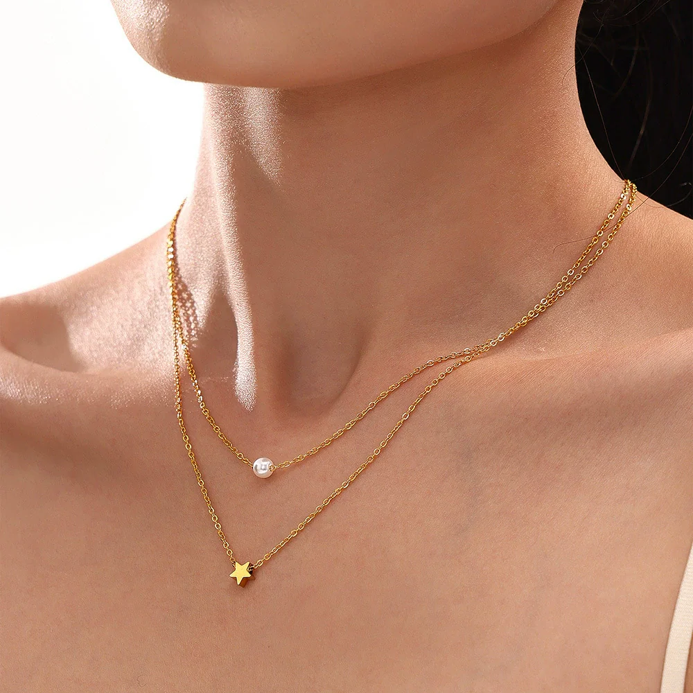 Wholesale Women's Light Luxury Geometric Star Design Electroplated Titanium Steel And Imitation Pearl Multi Layer Necklace - Image 2