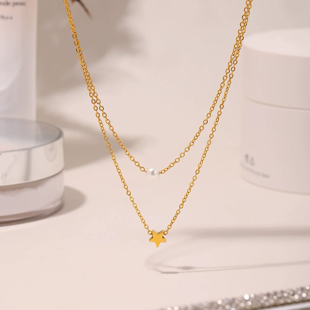 Wholesale Women's Light Luxury Geometric Star Design Electroplated Titanium Steel And Imitation Pearl Multi Layer Necklace - Image 3