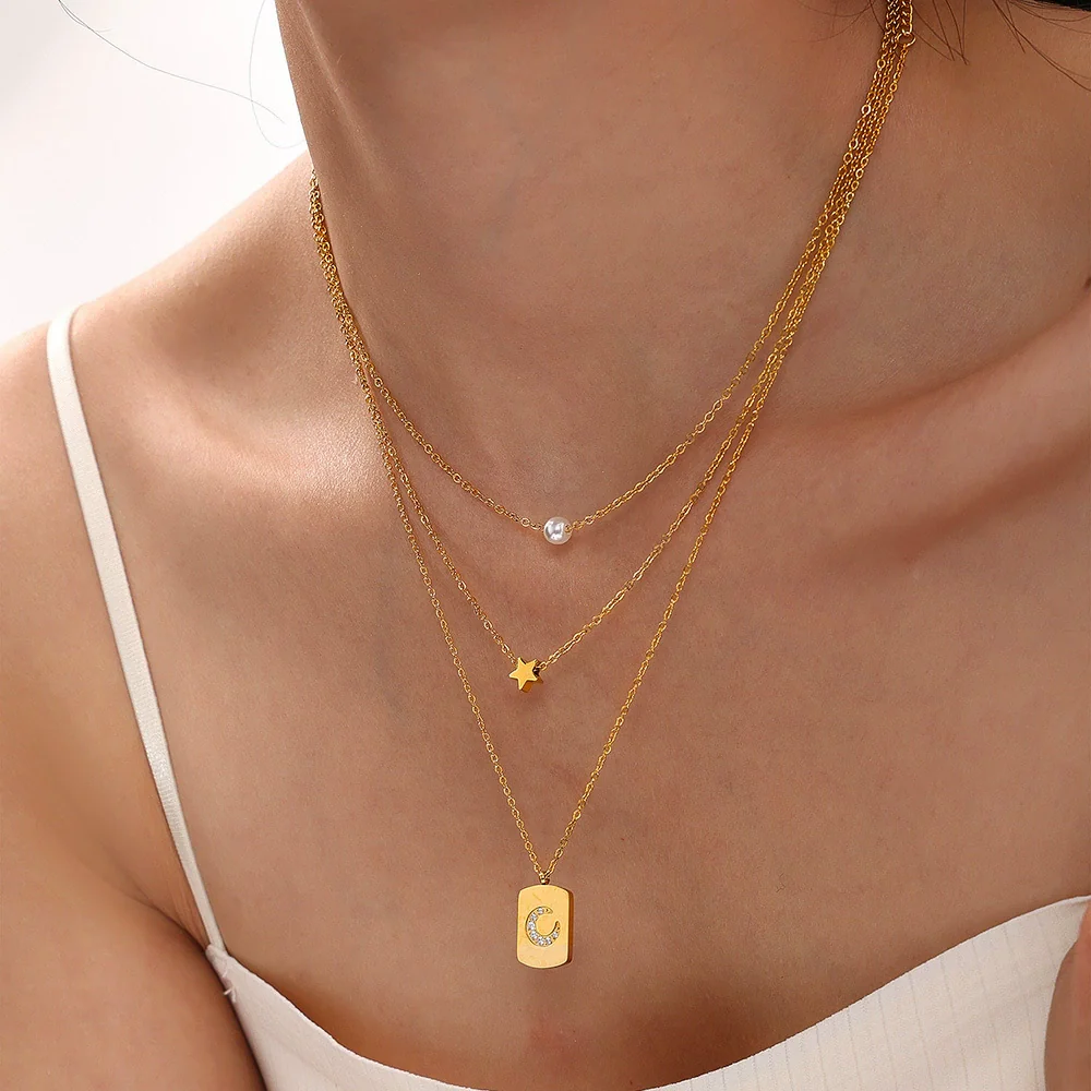 Wholesale Women's Light Luxury Geometric Star Design Electroplated Titanium Steel And Imitation Pearl Multi Layer Necklace - Image 4