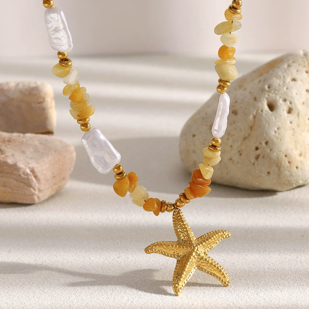 Wholesale Women's Light Luxury Geometric Starfish Pendant Necklace Stainless Steel Plated With 18K Orange Natural Gravel And Imitation Pearl