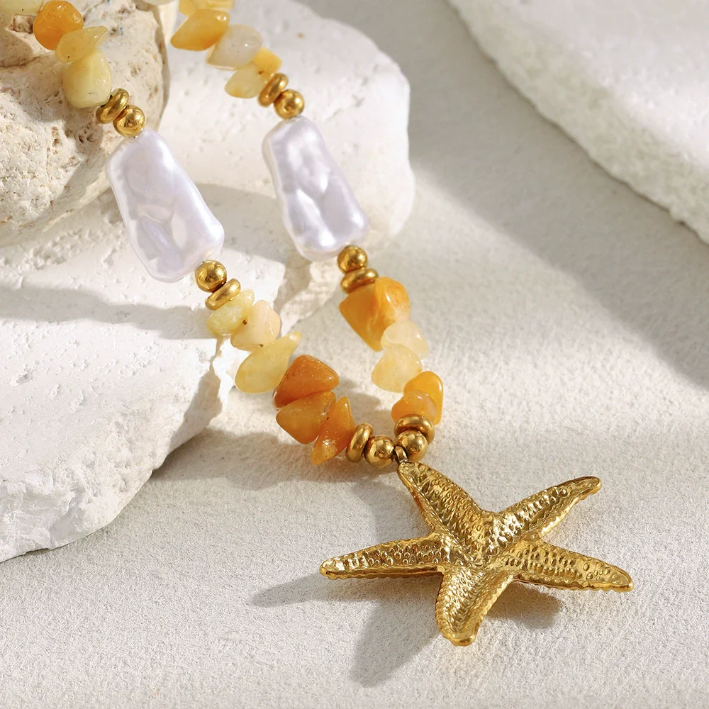Wholesale Women's Light Luxury Geometric Starfish Pendant Necklace Stainless Steel Plated With 18K Orange Natural Gravel And Imitation Pearl - Image 3