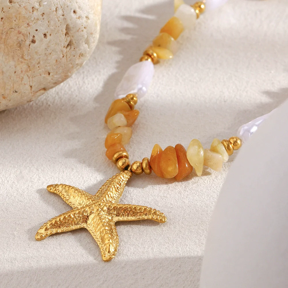 Wholesale Women's Light Luxury Geometric Starfish Pendant Necklace Stainless Steel Plated With 18K Orange Natural Gravel And Imitation Pearl - Image 4