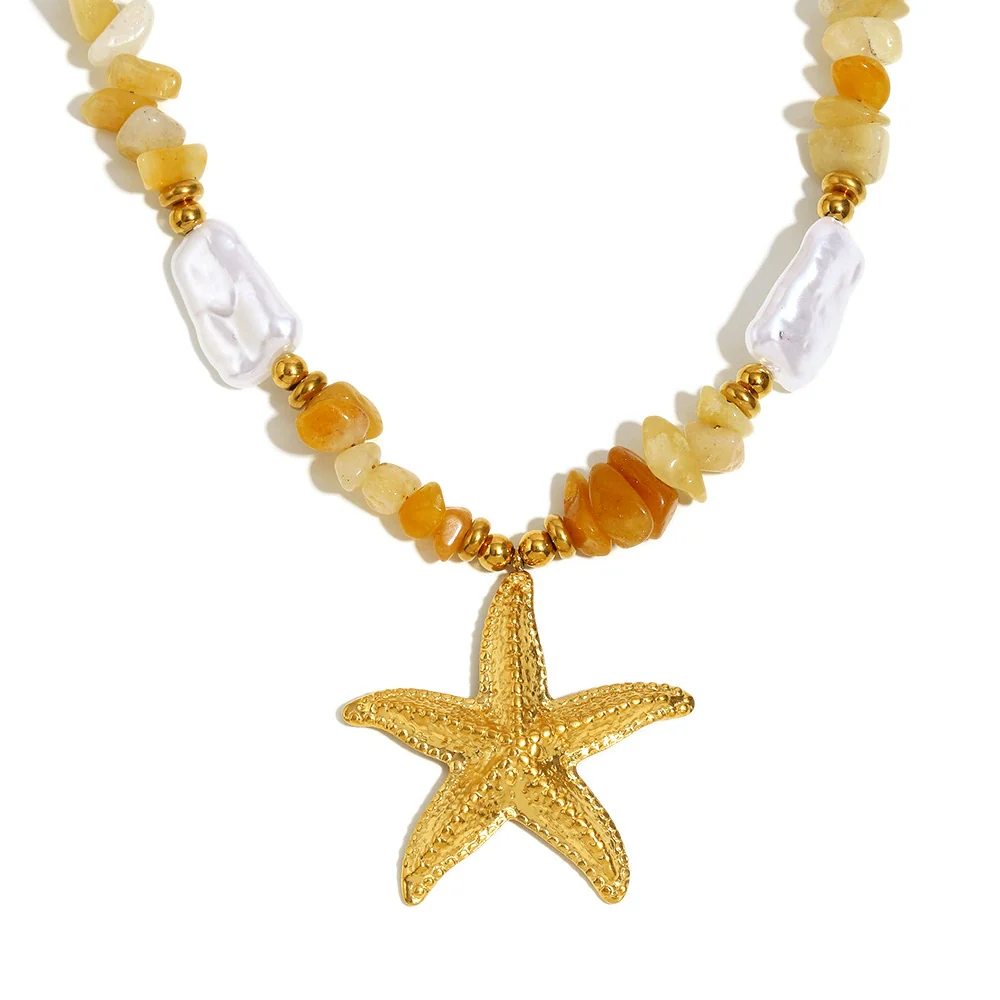Wholesale Women's Light Luxury Geometric Starfish Pendant Necklace Stainless Steel Plated With 18K Orange Natural Gravel And Imitation Pearl - Image 5