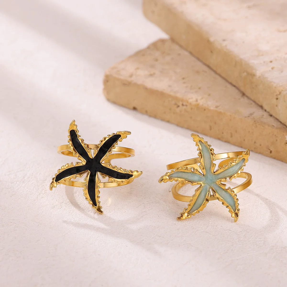 Wholesale Women's Light Luxury Geometric Starfish Ring Inlaid With Gold Stainless Steel Jewelry