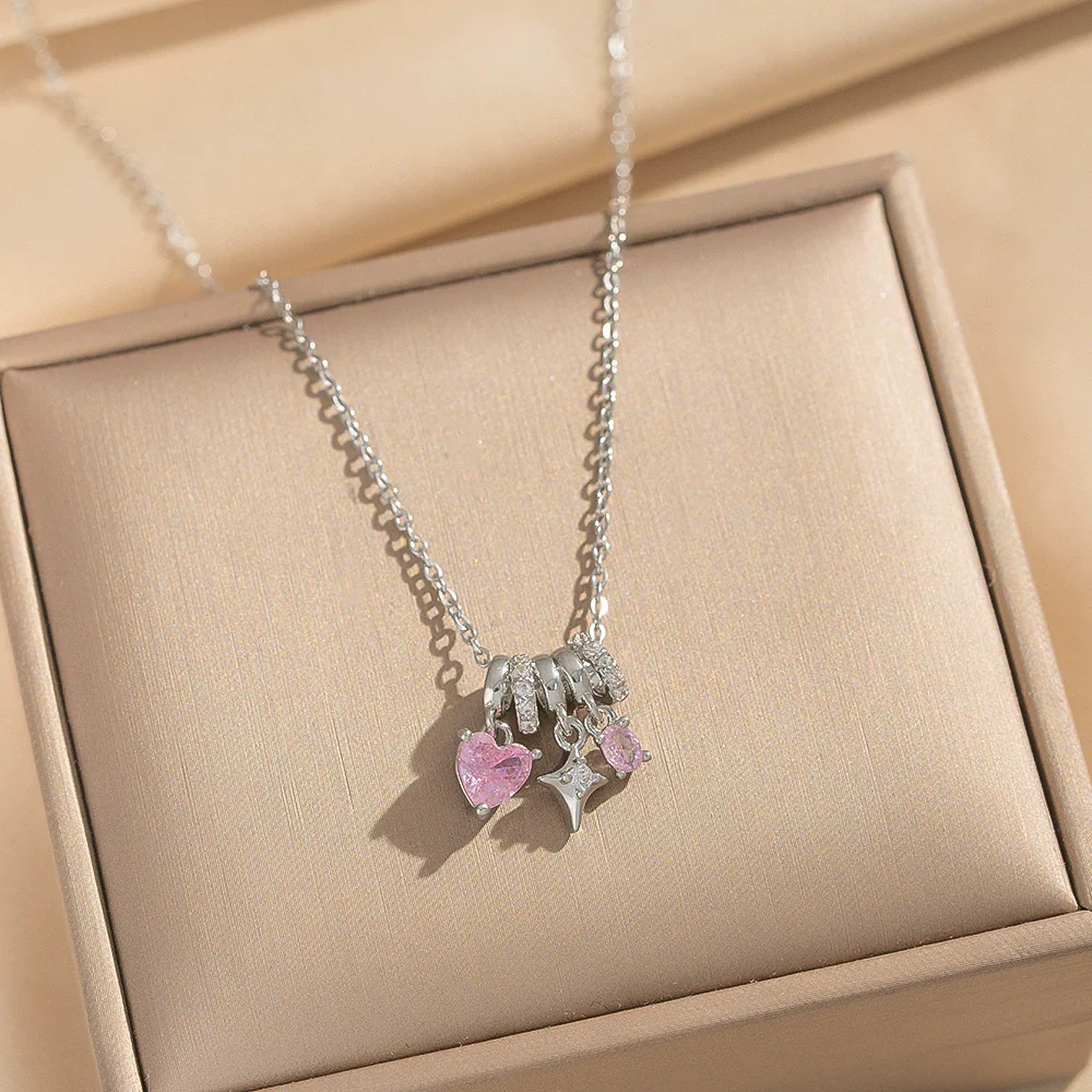 Wholesale Women's Light Luxury Gold Plated Copper And Zircon Jewelry Heart And Geometric Star Pendant Ochain Necklace - Image 3