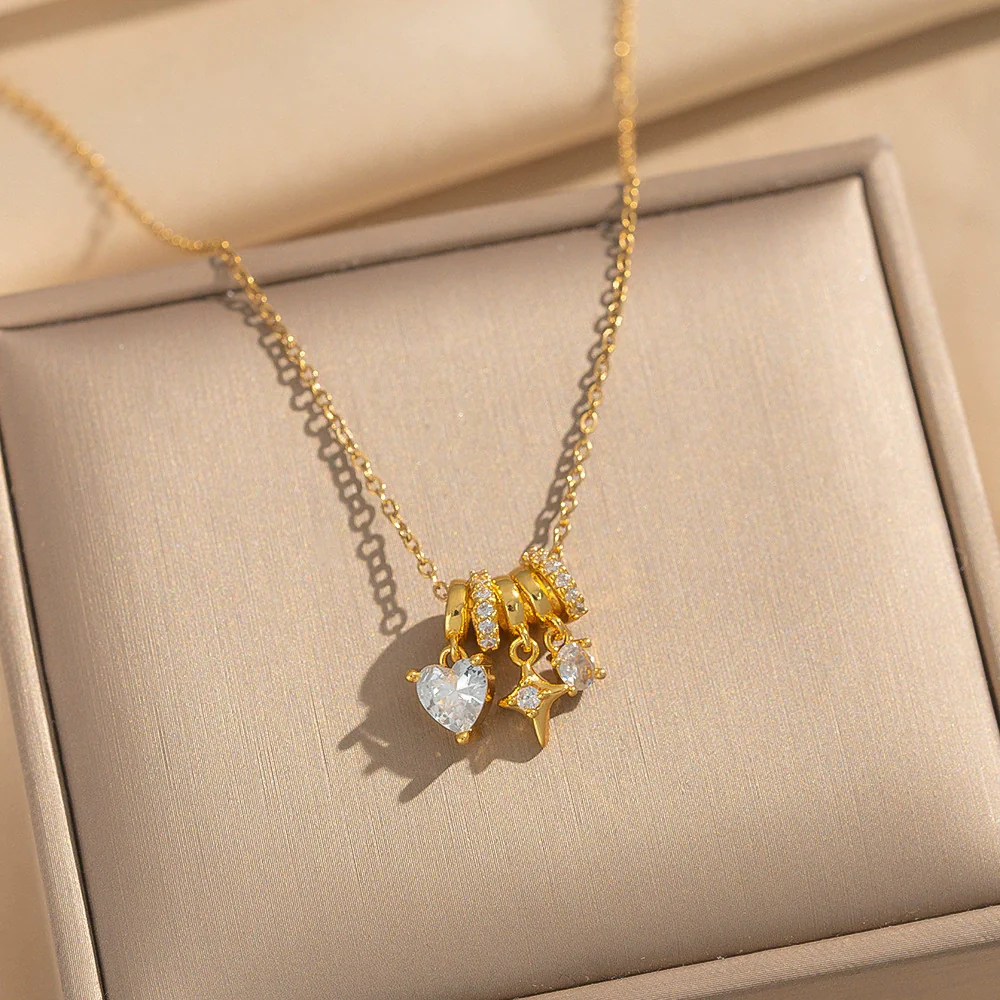 Wholesale Women's Light Luxury Gold Plated Copper And Zircon Jewelry Heart And Geometric Star Pendant Ochain Necklace - Image 4