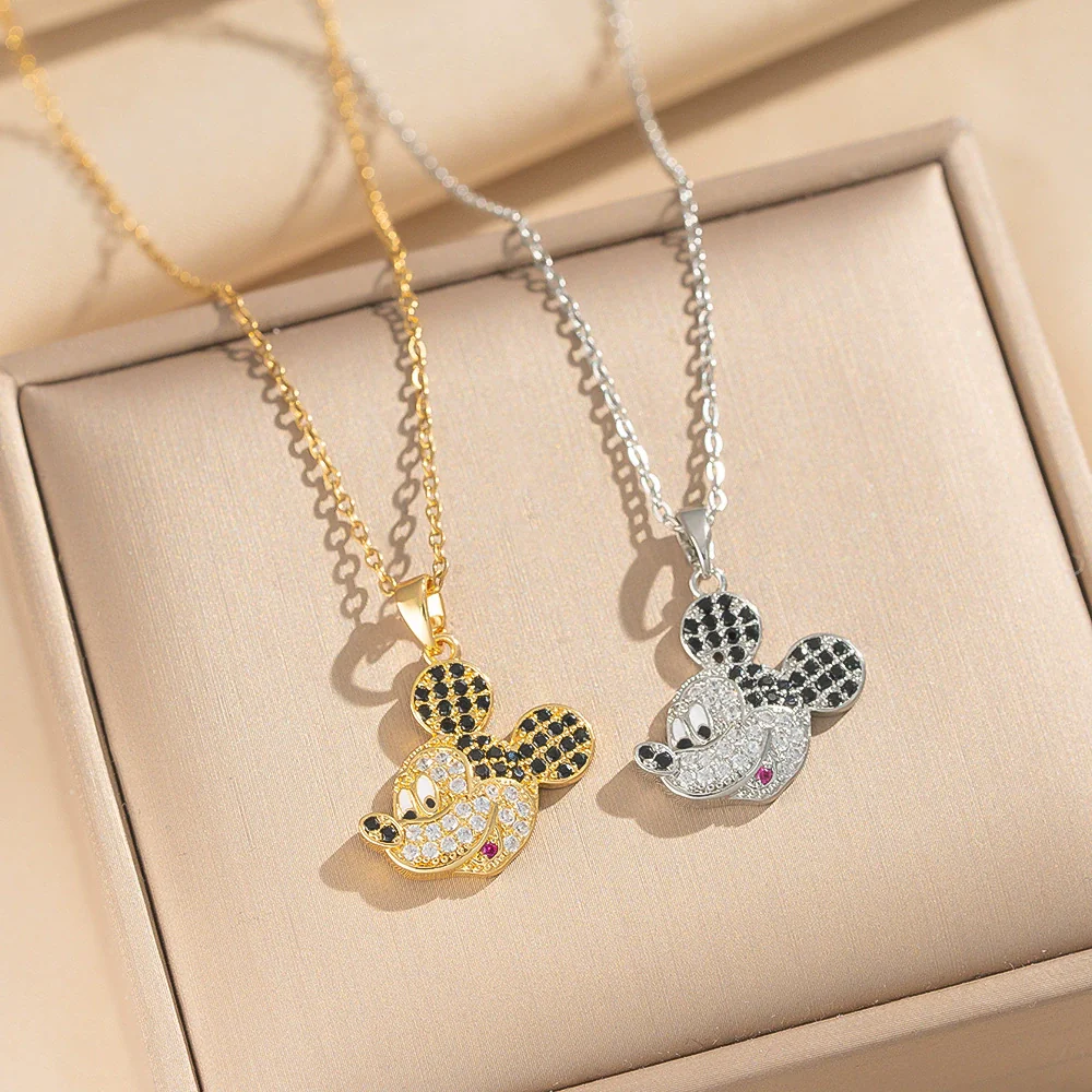 Wholesale Women's Light Luxury Gold Plated Mickey Pattern Titanium Steel And Copper Inlaid With Zircon Necklace With Flash O Chain