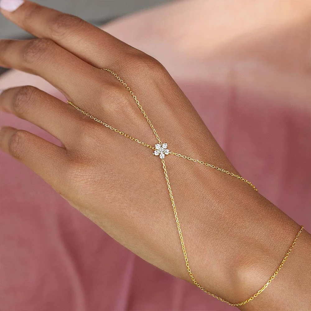 Wholesale Women's Light Luxury Gold Plated Stainless Steel Flower Shape Finger Chain Bracelet With Zircon - Image 2