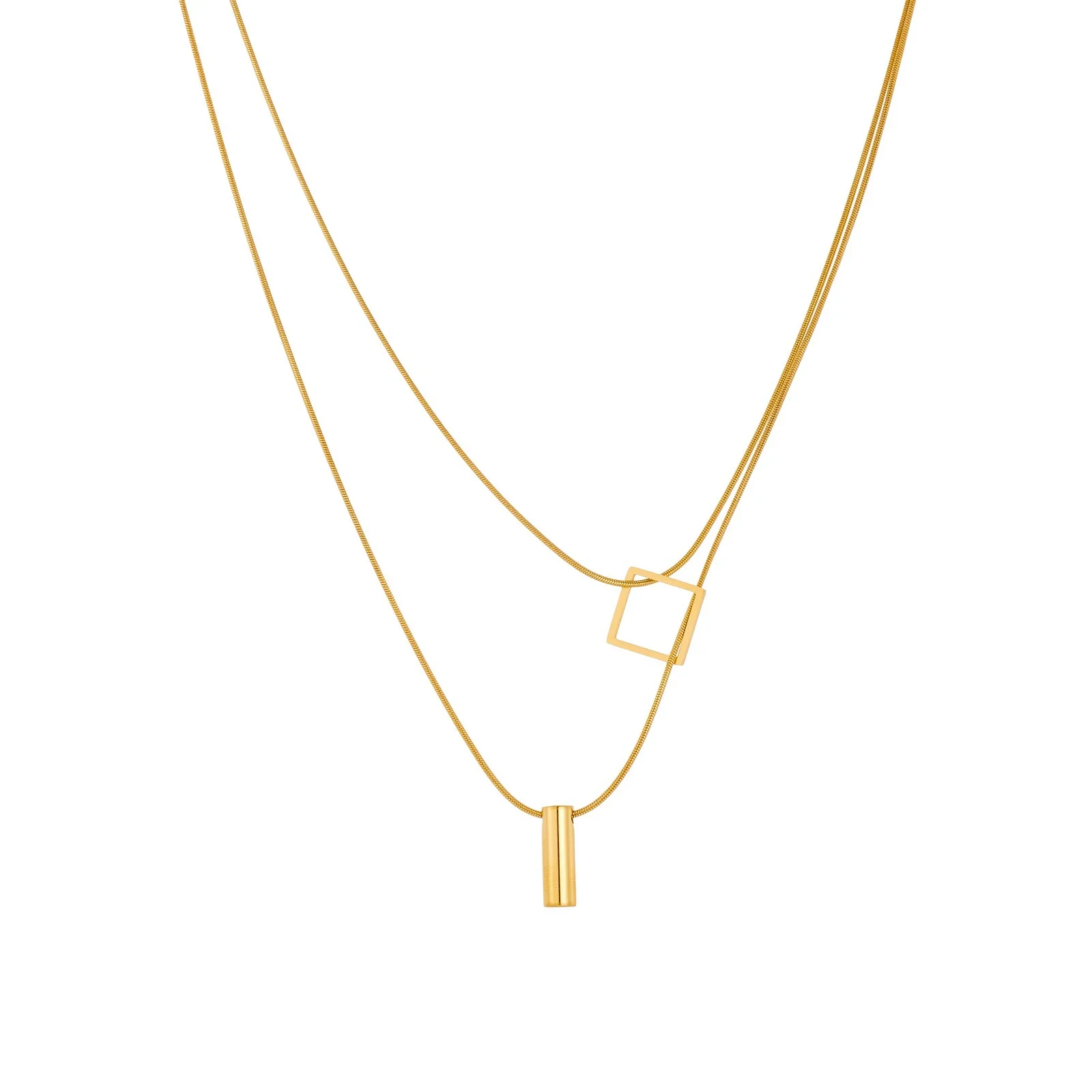Wholesale Women's Light Luxury Goldplated Stainless Steel Geometric Snake Bone Chain Necklace With Square And Cylindrical Pendant - Image 5