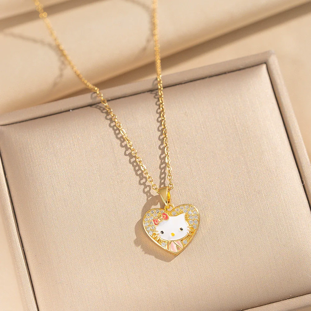 Wholesale Women's Light Luxury Kitty Necklace With Bow Tie And Cartoon Characters Pattern Real Gold Plated Copper Zircon O Word Chain Pendant - Image 2