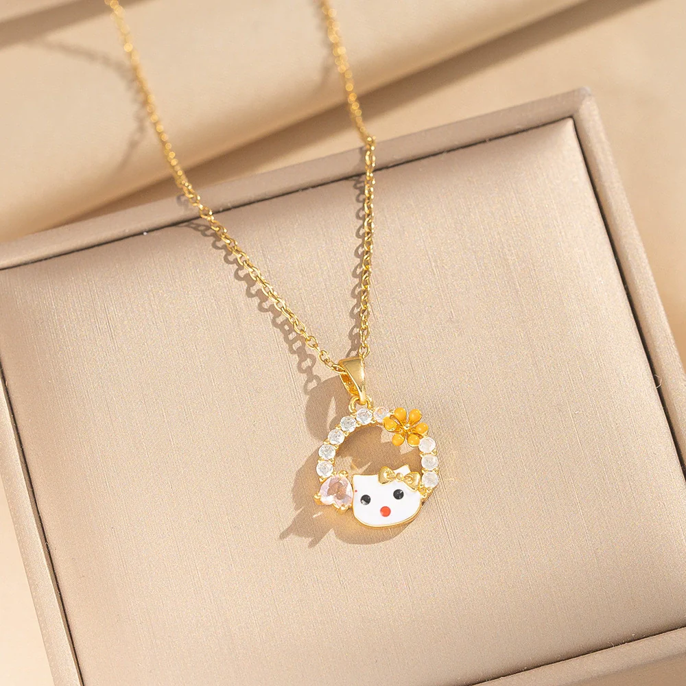 Wholesale Women's Light Luxury Kitty Necklace With Bow Tie And Cartoon Characters Pattern Real Gold Plated Copper Zircon O Word Chain Pendant - Image 6