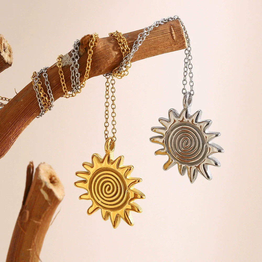 Wholesale Women's Light Luxury Minimalist Geometric Stainless Steel Electroplated Gold Fingerprint Sun Pendant Necklace - Image 3