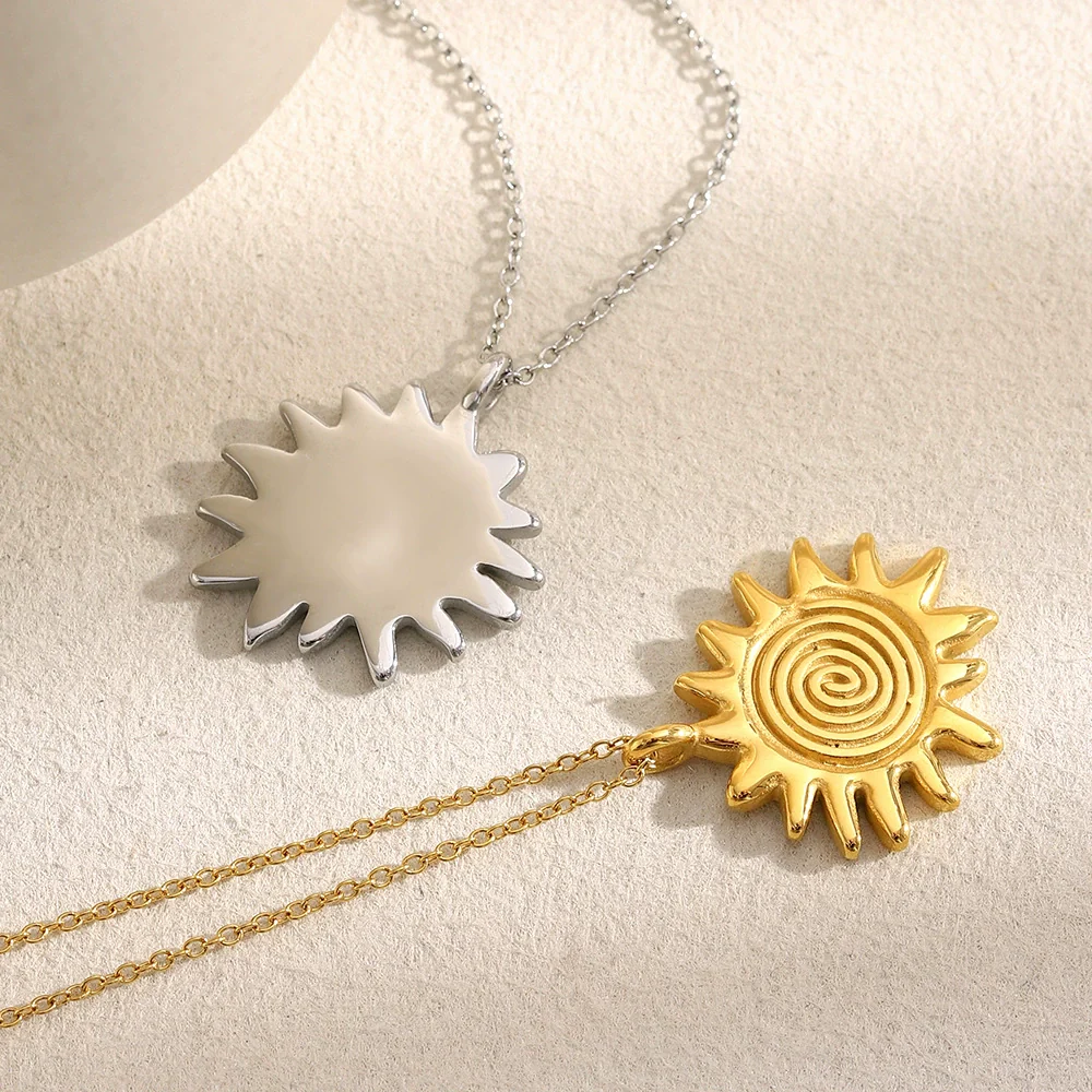 Wholesale Women's Light Luxury Minimalist Geometric Stainless Steel Electroplated Gold Fingerprint Sun Pendant Necklace - Image 4
