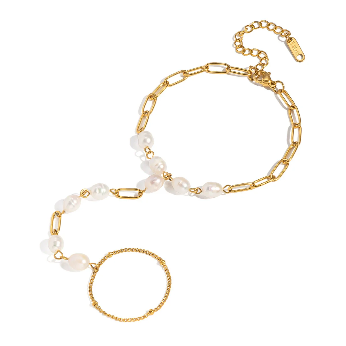 Wholesale Women's Light Luxury Minimalist Geometric Stainless Steel Real Gold Plated Finger Chain Bracelet With Natural Freshwater Pearls - Image 5