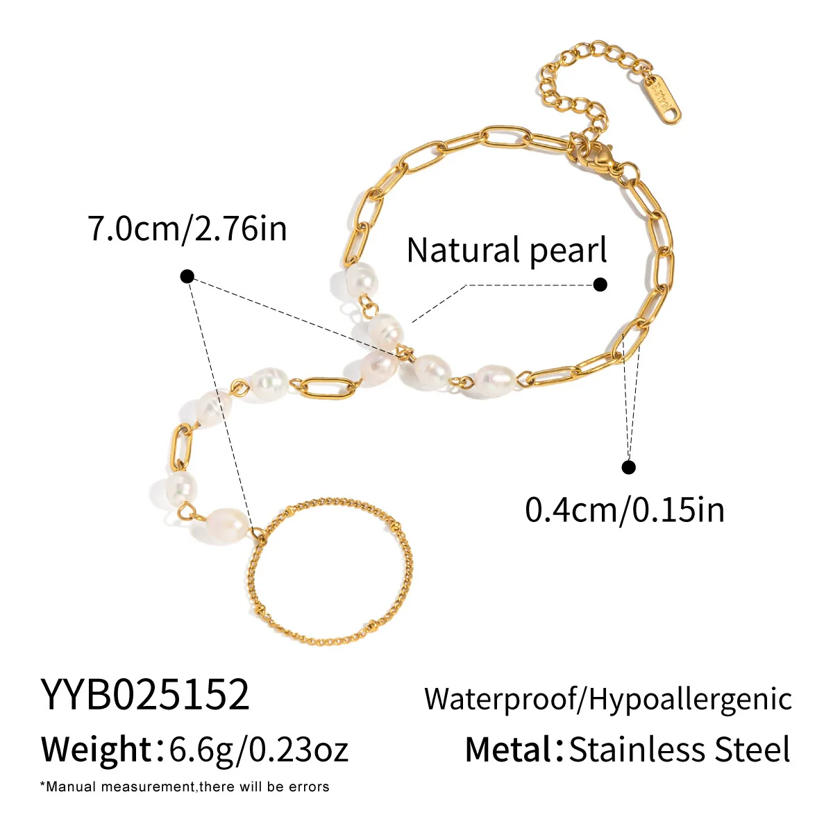 Wholesale Women's Light Luxury Minimalist Geometric Stainless Steel Real Gold Plated Finger Chain Bracelet With Natural Freshwater Pearls - Image 6