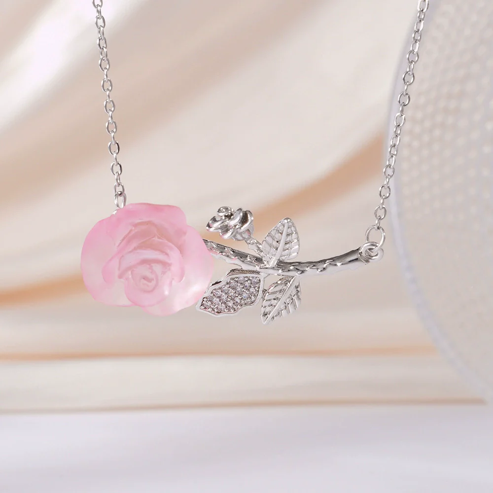Wholesale Women's Light Luxury Rose Flower Pendant Necklace Copper Electroplating Mixed Gemstone Setting O Chain Jewelry - Image 11