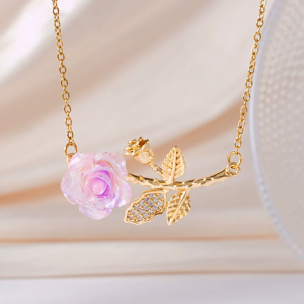Wholesale Women's Light Luxury Rose Flower Pendant Necklace Copper Electroplating Mixed Gemstone Setting O Chain Jewelry - Image 12