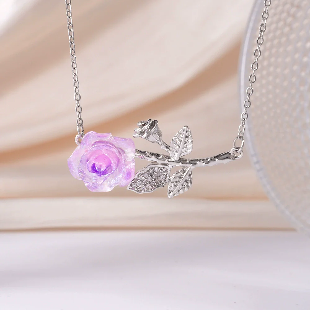 Wholesale Women's Light Luxury Rose Flower Pendant Necklace Copper Electroplating Mixed Gemstone Setting O Chain Jewelry - Image 13
