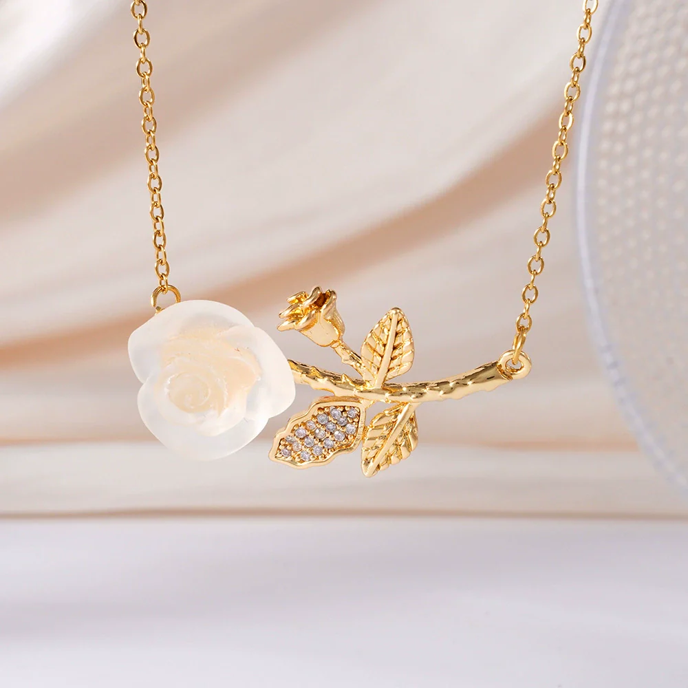 Wholesale Women's Light Luxury Rose Flower Pendant Necklace Copper Electroplating Mixed Gemstone Setting O Chain Jewelry - Image 18