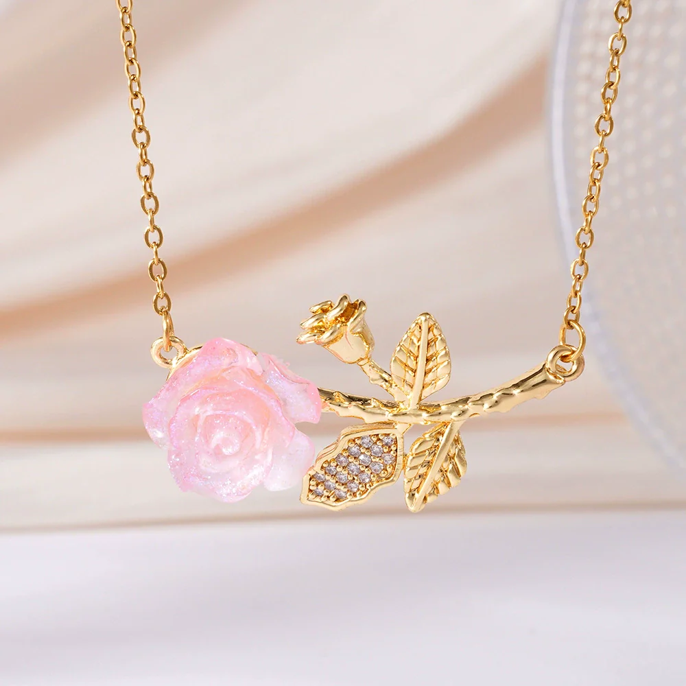 Wholesale Women's Light Luxury Rose Flower Pendant Necklace Copper Electroplating Mixed Gemstone Setting O Chain Jewelry - Image 20