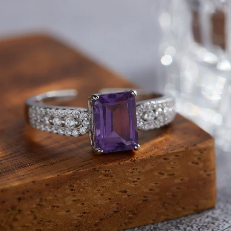 Wholesale Women's Light Luxury S925 Sterling Silver Ring Inlaid With Natural Amethyst And Geometric Crystal Cube Sugar Design - Image 2