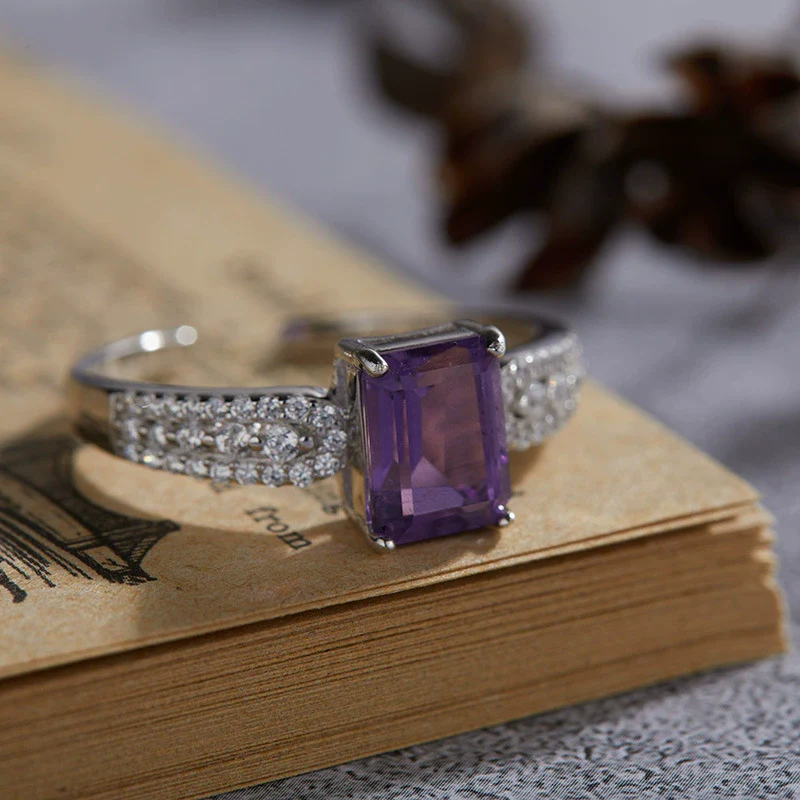Wholesale Women's Light Luxury S925 Sterling Silver Ring Inlaid With Natural Amethyst And Geometric Crystal Cube Sugar Design - Image 3
