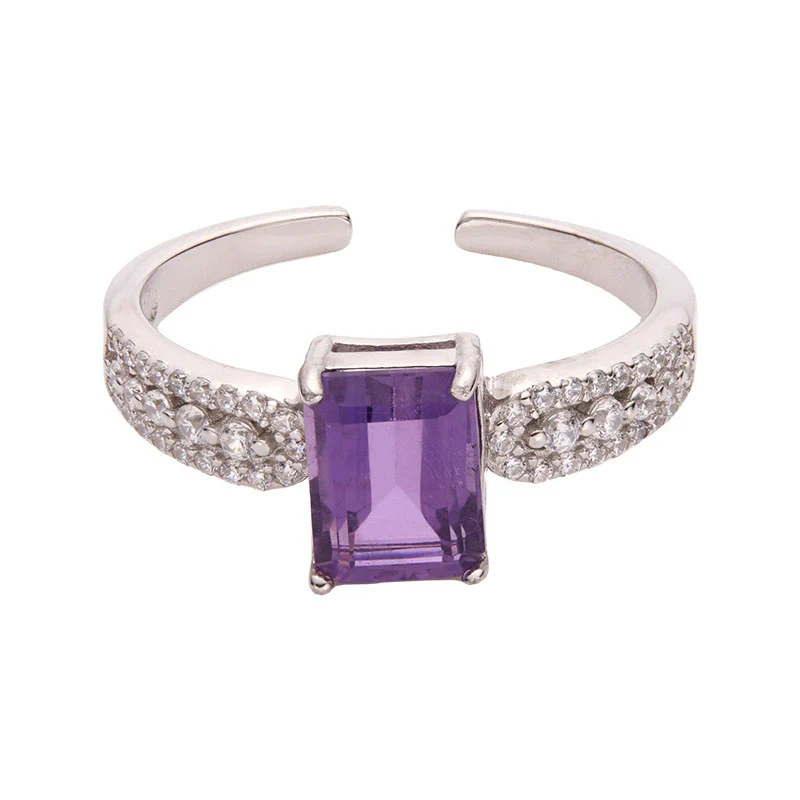 Wholesale Women's Light Luxury S925 Sterling Silver Ring Inlaid With Natural Amethyst And Geometric Crystal Cube Sugar Design - Image 5