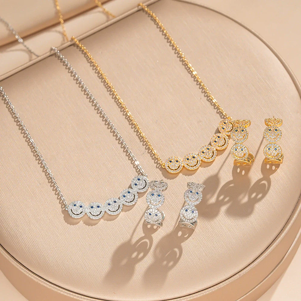 Wholesale Women's Light Luxury Smiley Face Electroplated Titanium Steel And Copper Necklace And Earrings Set