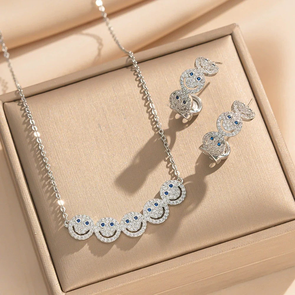 Wholesale Women's Light Luxury Smiley Face Electroplated Titanium Steel And Copper Necklace And Earrings Set - Image 3