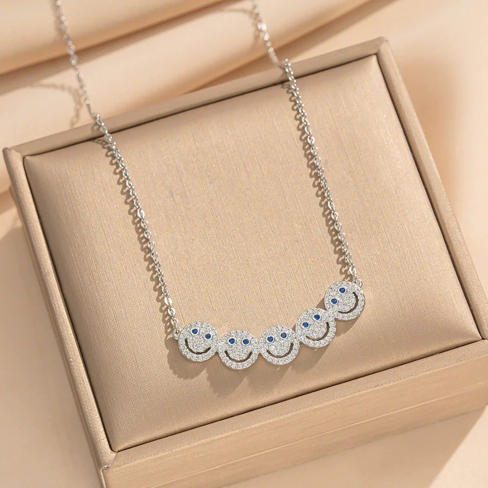 Wholesale Women's Light Luxury Smiley Face Electroplated Titanium Steel And Copper Necklace And Earrings Set - Image 7